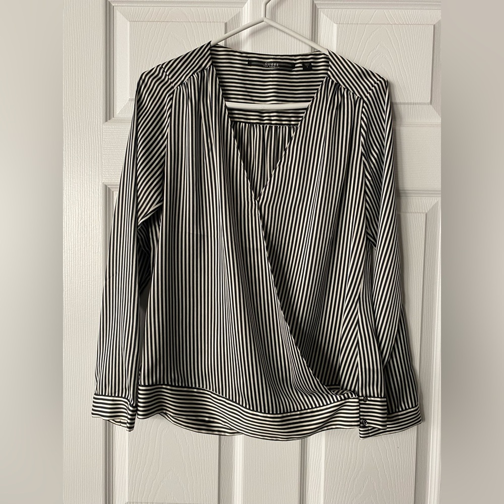 Ladies GUESS Black/White Striped Crossover Blouse (S)